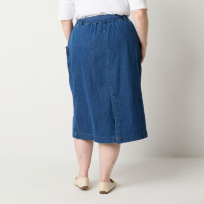 St. John's Bay Womens High Rise Midi Denim Skirt-Plus