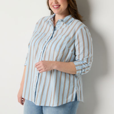 St. John's Bay Plus Womens Long Sleeve Adaptive Regular Fit Easy-on + Easy-off Button-Down Shirt