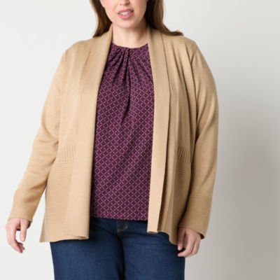 Liz Claiborne Plus Womens Long Sleeve Open Front Cardigan