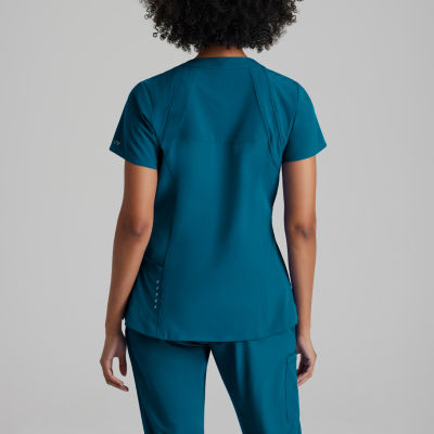 Barco One 5105 Racer 4-Pocket Womens V Neck Short Sleeve Tag Free Stretch Fabric Moisture Wicking Scrub Top