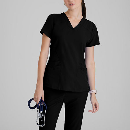 Barco One 5106 Pulse 5-Pocket Womens V Neck Tag Free Stretch Fabric Moisture Wicking Short Sleeve Scrub Top, Medium, Black