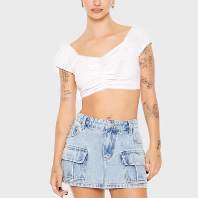 Forever 21 Womens Sweetheart Neck Short Sleeve Ribbed Cinched Crop Top Juniors
