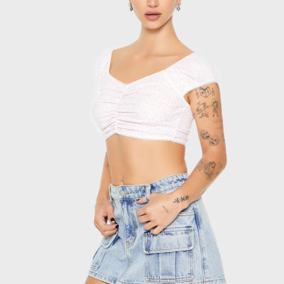 Forever 21 Ribbed Cinched Cropped Tee Womens Sweetheart Neck Short Sleeve Crop Top Juniors