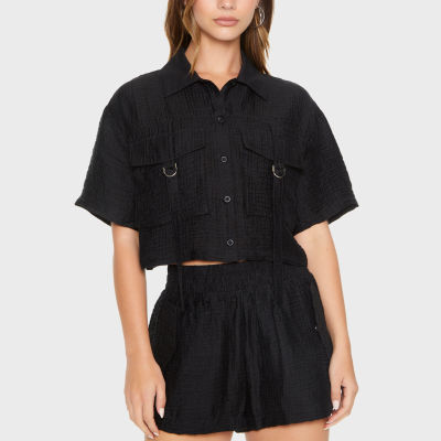 Forever 21 Juniors Boxy Cropped Cargo Pockets Button Up Womens Short Sleeve Regular Fit Button-Down Shirt