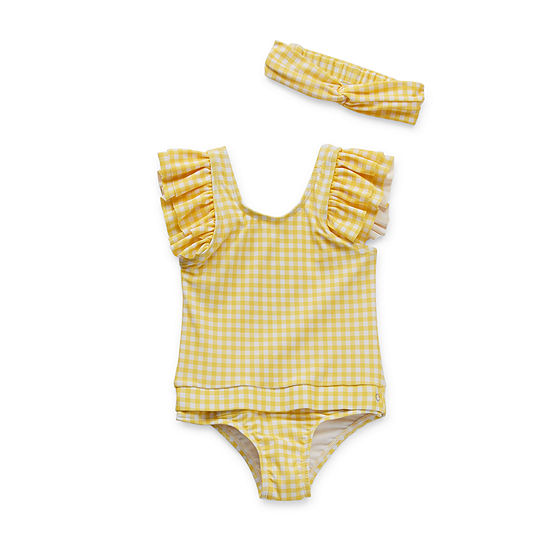 Wowease With Headband Toddler Girls Checked One Piece Swimsuit