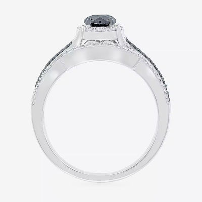 8.50mm Unisex Adult 1 CT. T.W. Natural Black Diamond 10K White Gold Round Halo Side Stone Ring Set