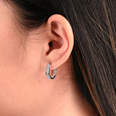 Sterling Silver Rhodium Plated Glitter Hoop Earring Set