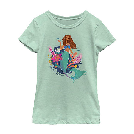 Disney Collection Little & Big Kid Girls Crew Neck Short Sleeve Regular Fit Ariel The Little Mermaid Graphic T-Shirt, X-small, Green