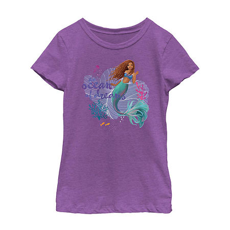 Disney Collection Little & Big Kid Girls Crew Neck Short Sleeve Regular Fit Ariel The Little Mermaid Graphic T-Shirt, Small, Purple