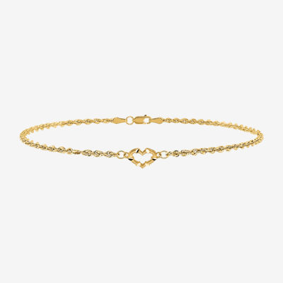 14K Gold 10 Inch Hollow Rope Heart Ankle Bracelet