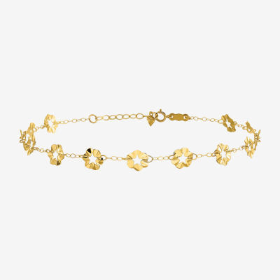 14K Gold 9 Inch Solid Link Flower Ankle Bracelet