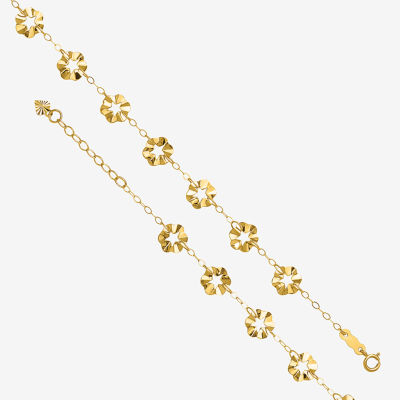 14K Gold 9 Inch Solid Link Flower Ankle Bracelet