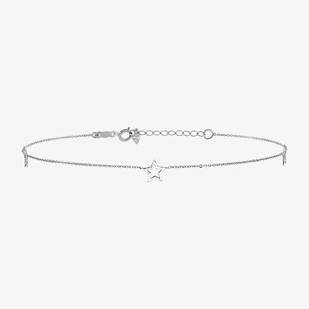 14K White Gold 9 Inch Solid Star Ankle Bracelet, One Size