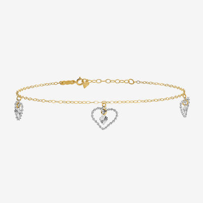 14K Two Tone Gold 9 Inch Solid Link Heart Ankle Bracelet