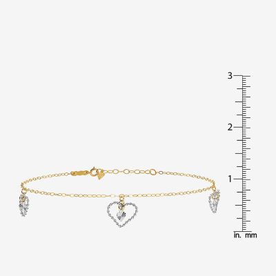 14K Two Tone Gold 9 Inch Solid Link Heart Ankle Bracelet