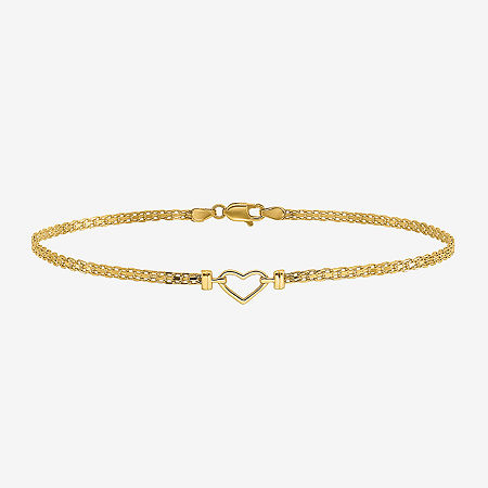 14K Gold 9 Inch Solid Link Heart Ankle Bracelet, One Size