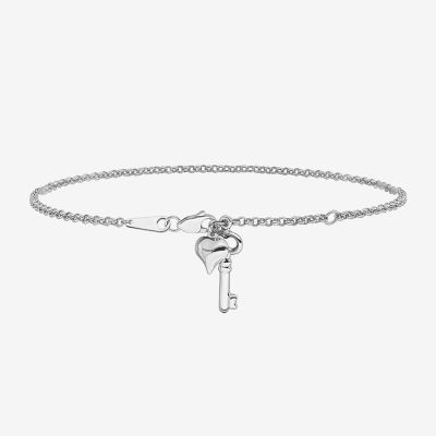 14K White Gold 10 Inch Semisolid Rolo Heart Ankle Bracelet