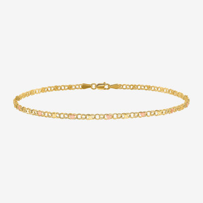 Womens 14K Two Tone Gold 10 Inch Solid Link Heart Ankle Bracelet