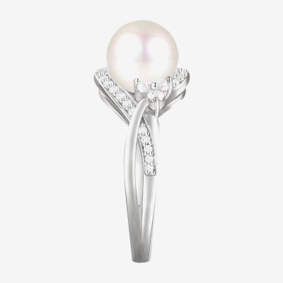 Womens 8-8.5MM Dyed White Cultured Freshwater Pearl Sterling Silver Halo Crossover Cocktail Ring