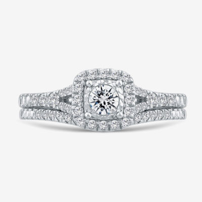 (G / Si1-Si2) Womens 1/2 CT. T.W. Lab Grown White Diamond 10K Gold Cushion Side Stone Halo Bridal Set