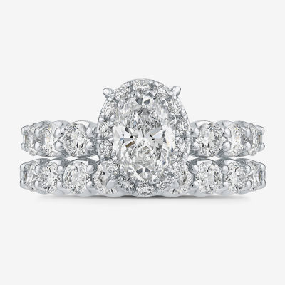 Signature By Modern Bride (G / Si1-Si2) Womens 3 CT. T.W. Lab Grown White Diamond 10K White Gold Oval Side Stone Halo Bridal Set