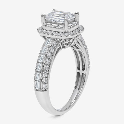 (I / I1) Womens 2 CT. T.W. Lab Grown White Diamond 10K Gold Rectangular Side Stone Halo Engagement Ring