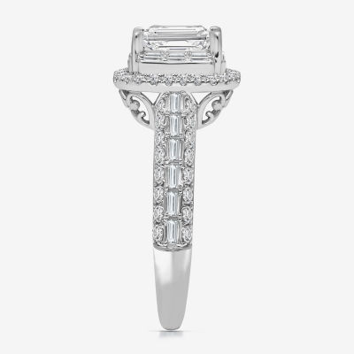(I / I1) Womens 2 CT. T.W. Lab Grown White Diamond 10K Gold Rectangular Side Stone Halo Engagement Ring