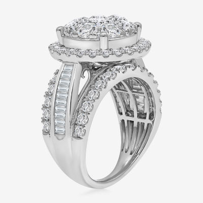 (I / I1) Womens 4 CT. T.W. Lab Grown White Diamond 10K White Gold Round Side Stone Halo Engagement Ring