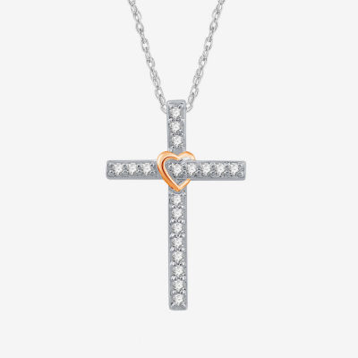 Womens 1/4 CT. T.W. Lab Grown White Diamond 14K Rose Gold Over Silver Sterling Silver Cross Pendant Necklace