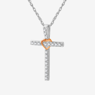 Womens 1/4 CT. T.W. Lab Grown White Diamond 14K Rose Gold Over Silver Sterling Silver Cross Pendant Necklace