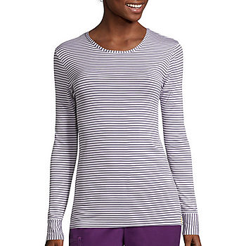 Wonder Wink Layers 2079 Striped Womens Round Neck Tag Free Stretch Fabric  Long Sleeve Scrub Top, Color: Pewter White - JCPenney
