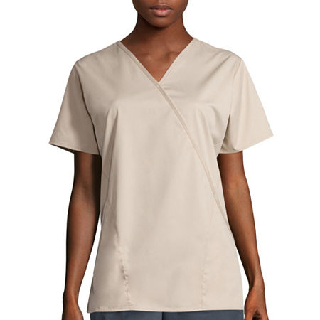 Wink Wonderwork Mock Wrap Womens Tag Free Short Sleeve Scrub Top, Xx-small, Beige