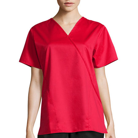 Wink Wonderwork Mock Wrap Womens Tag Free Short Sleeve Scrub Top, X-small, Red