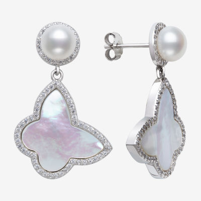 Womens Genuine White Mother Of Pearl Sterling Silver Butterfly Drop Earrings