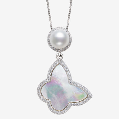 Womens Genuine White Mother Of Pearl Sterling Silver Butterfly 18 Inch Pendant Necklaces