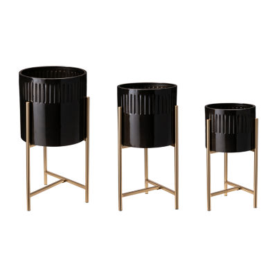 Glitzhome Set Of 3 Glossy Black Metal Planter Stands