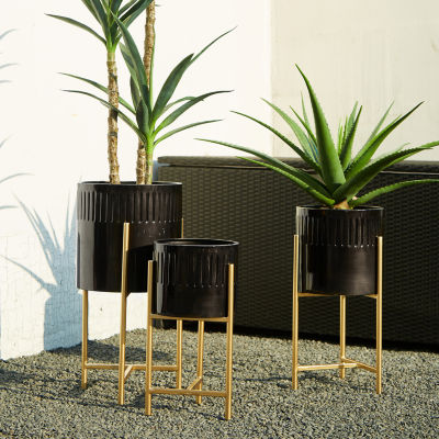 Glitzhome Set Of 3 Glossy Black Metal Planter Stands