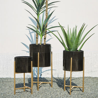 Glitzhome Set Of 3 Glossy Black Metal Planter Stands