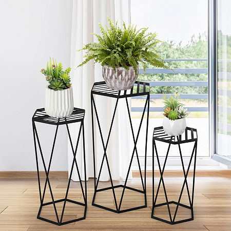 Glitzhome Set Of 3 Black Metal Planter Stands, One Size, Black