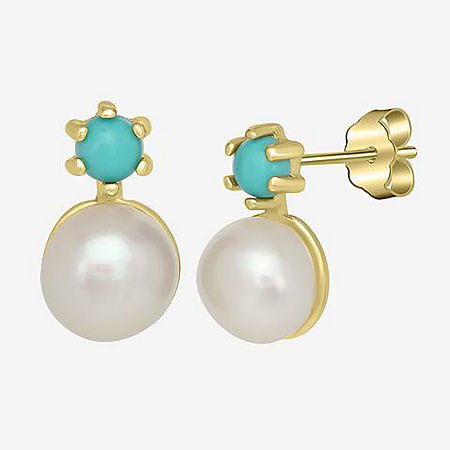 Silver Treasures White Simulated Pearl 14K Gold Over Silver 10.5mm Round Stud Earrings, One Size, Turq