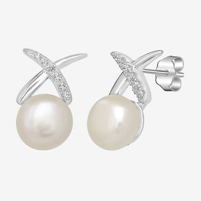 Silver Treasures White Simulated Pearl Sterling Silver 13.8mm Stud Earrings