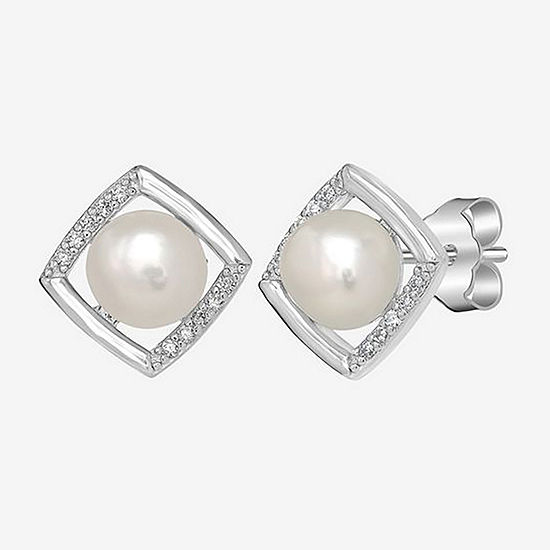 Silver Treasures Cubic Zirconia Simulated Pearl Sterling Silver 10mm Square Stud Earrings