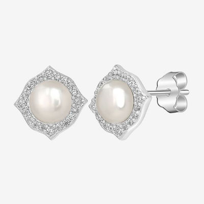 Silver Treasures White Simulated Pearl Sterling Silver 8.5mm Stud Earrings
