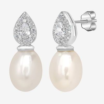 Silver Treasures White Simulated Pearl Sterling Silver 14.7mm Pear Stud Earrings