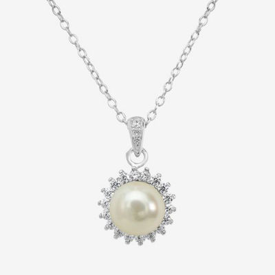 Silver Treasures Simulated Pearl Sterling Silver 18 Inch Cable Round Pendant Necklace