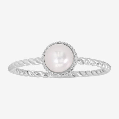 Silver Treasures Womens White Simulated Pearl Sterling Silver Round Band