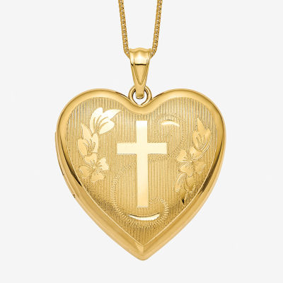 Womens 14K Gold Cross Heart Locket Necklace