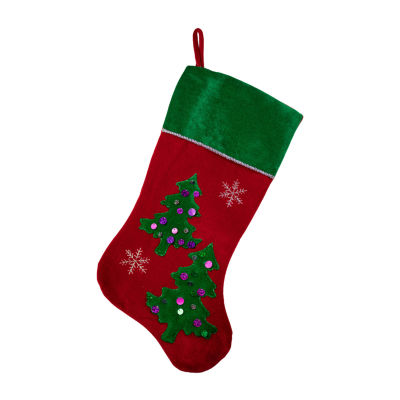 20'' Red Velveteen Sequined Christmas Tree Stocking with Green Cuff