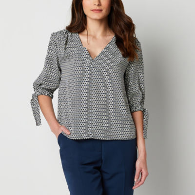 Worthington Womens V Neck Elbow Sleeve Blouse JCPenney