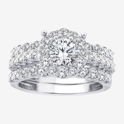 (F / Si2) Womens 3 CT. T.W. Lab Grown White Diamond Sterling Silver Round Side Stone Halo Bridal Set